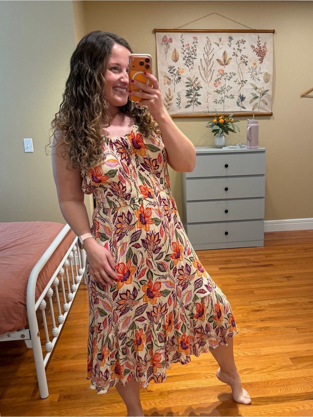 Patrons of Peace Cream Midi Dress with Orange & Purple Floral Print Large